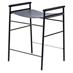 "Repose" Contemporary Counter Stool Navy Blue Saddle Black Rubbered Frame