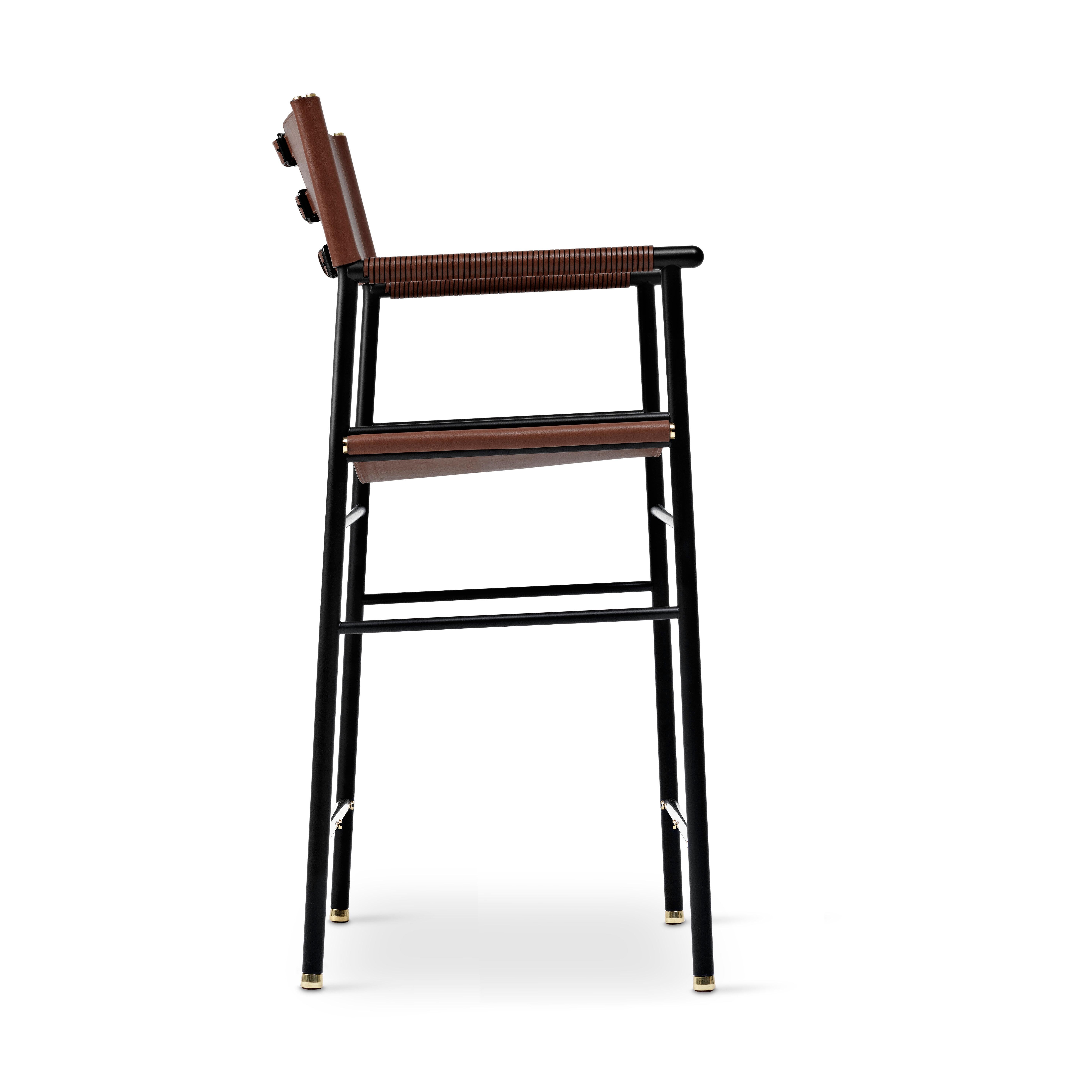 Modern Classic Counter Bar Stool w. Backrest Dark Brown Leather Black & Rubber Metal For Sale