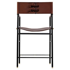 Classic Counter Bar Stool w. Backrest Dark Brown Leather Black & Rubber Metal