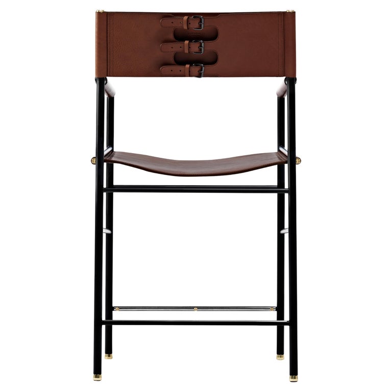Classic Counter Bar Stool w. Backrest Dark Brown Leather Black and