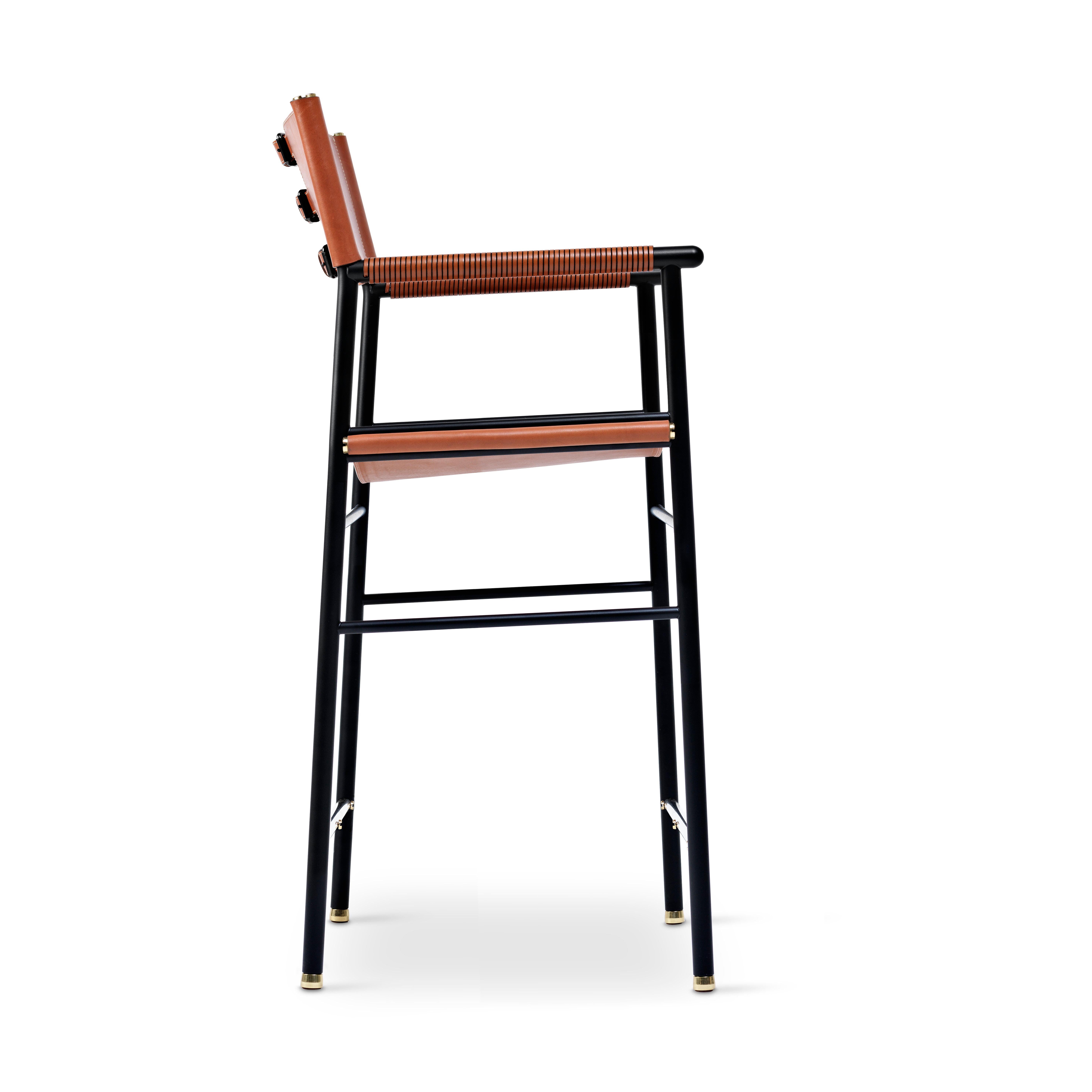 Spanish Timeless Counter Barstool w. Backrest Natural Tan Leather & Black Rubber Metal For Sale
