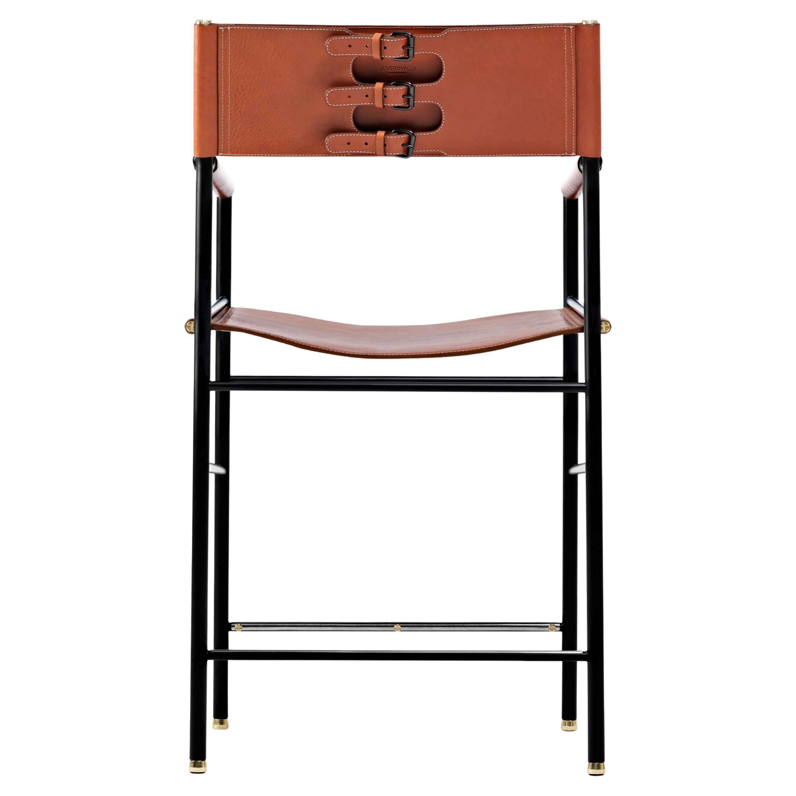 Timeless Counter Barstool w. Backrest Natural Tan Leather & Black Rubber Metal