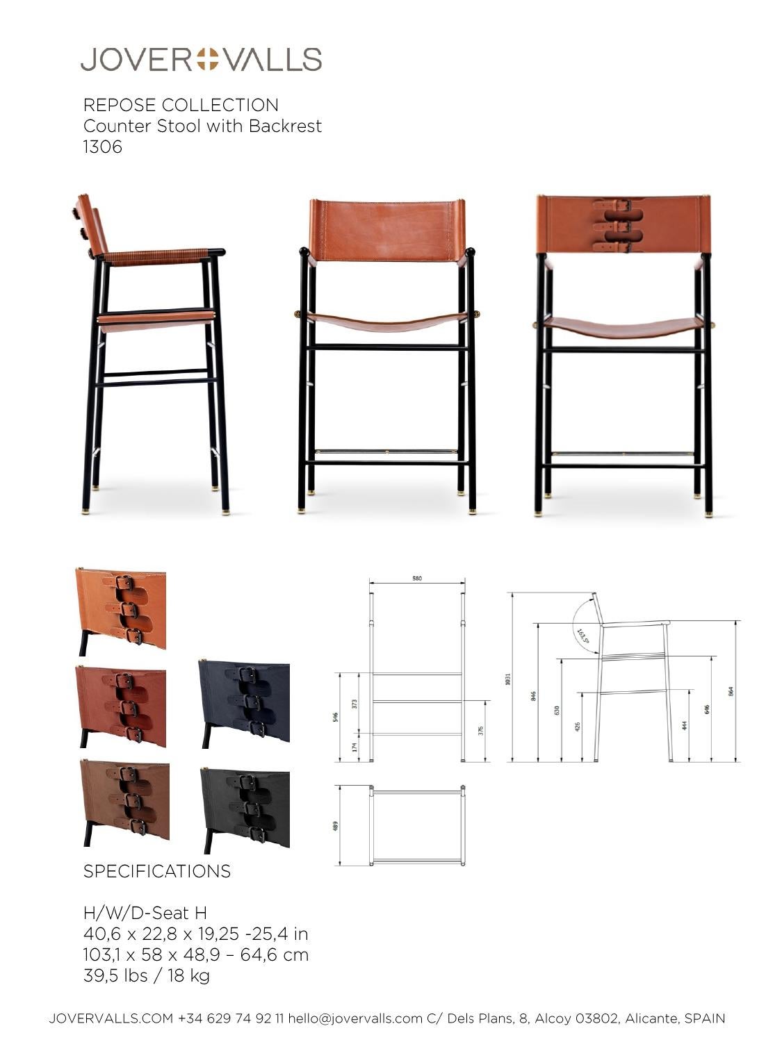 Tabouret de bar de comptoir intemporel w. Dossier en cuir bleu marine et métal en caoutchouc noir en vente 2