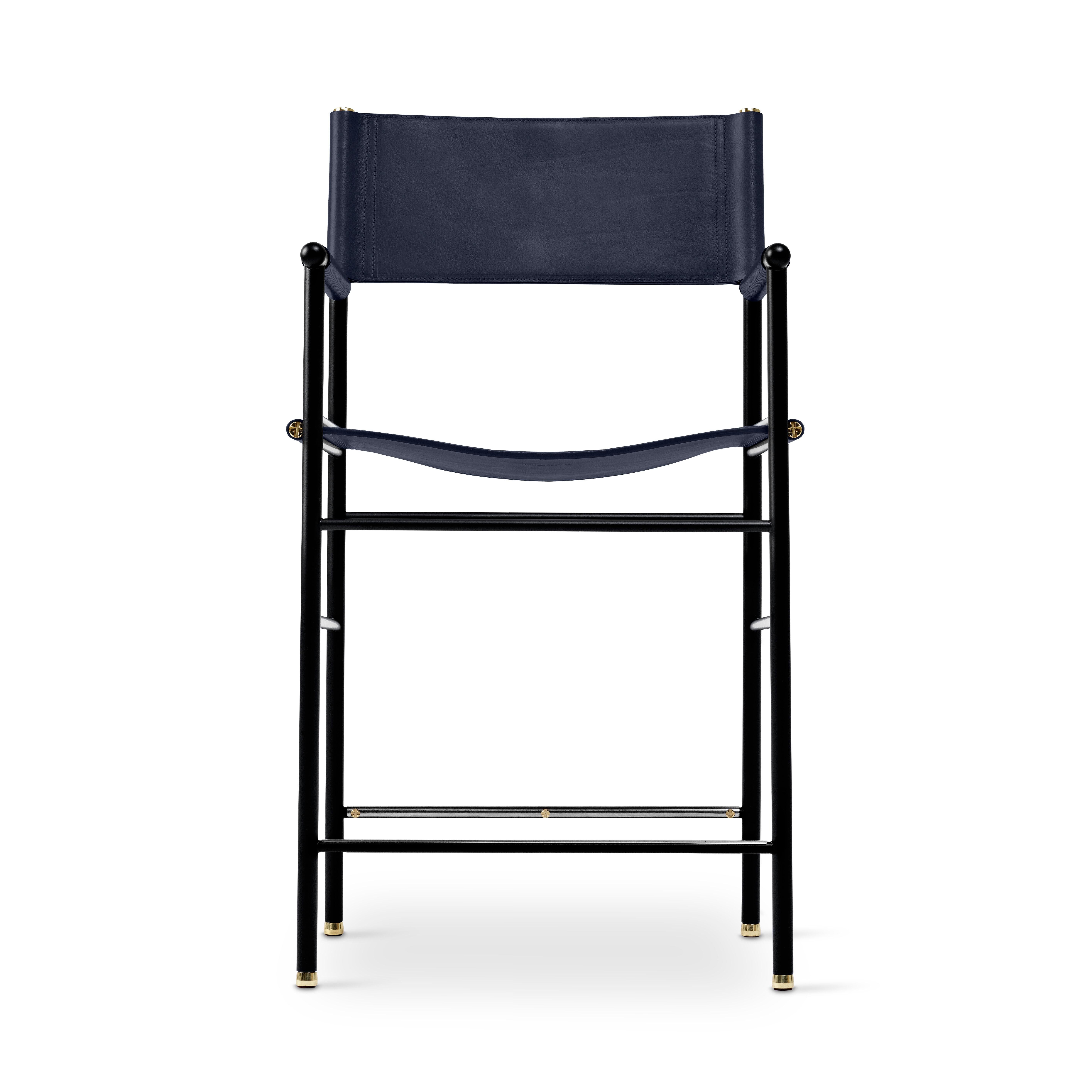 Modern Timeless Counter Bar Stool w. Backrest Navy Blue Leather & Black Rubber Metal For Sale