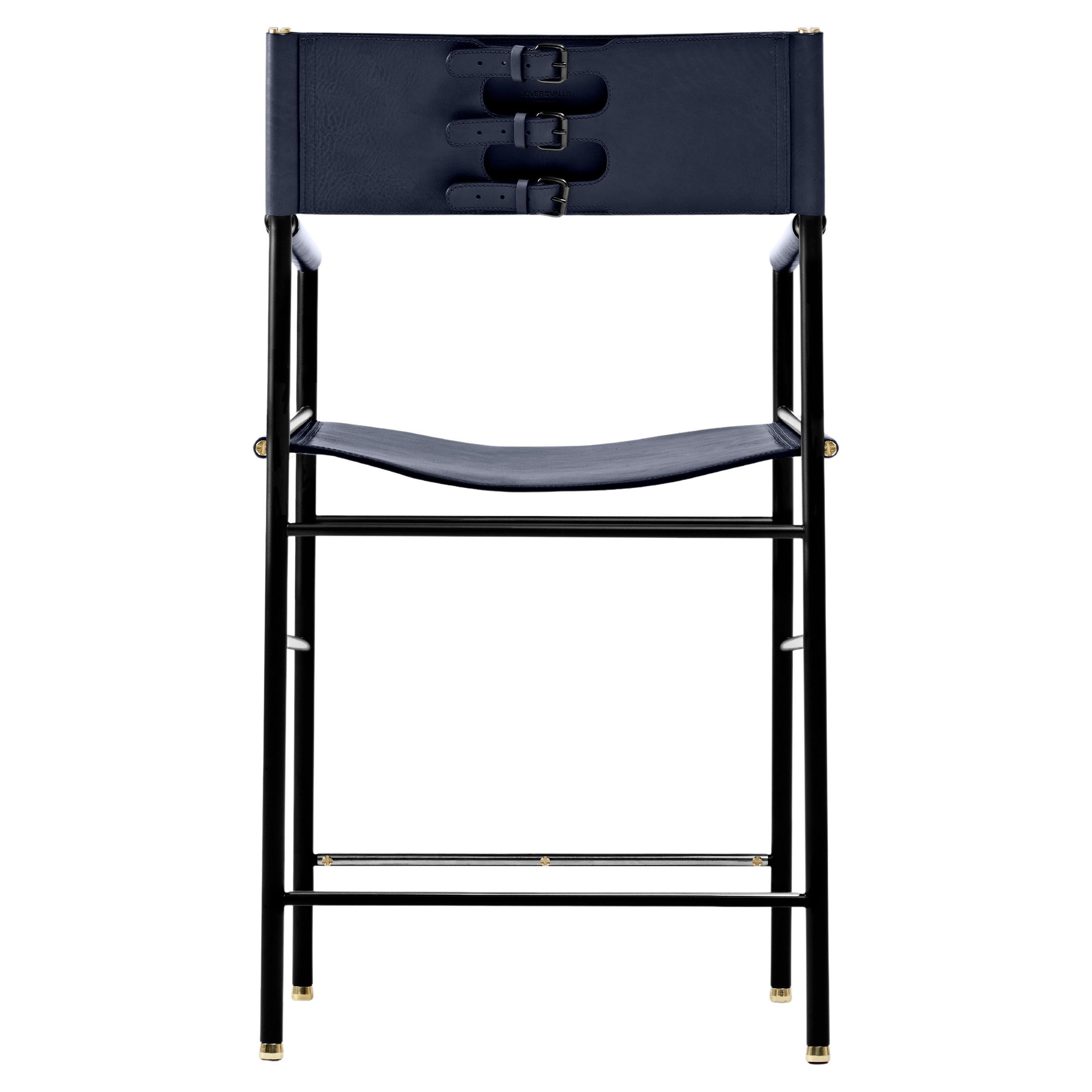 Timeless Counter Bar Stool w. Backrest Navy Blue Leather & Black Rubber Metal For Sale
