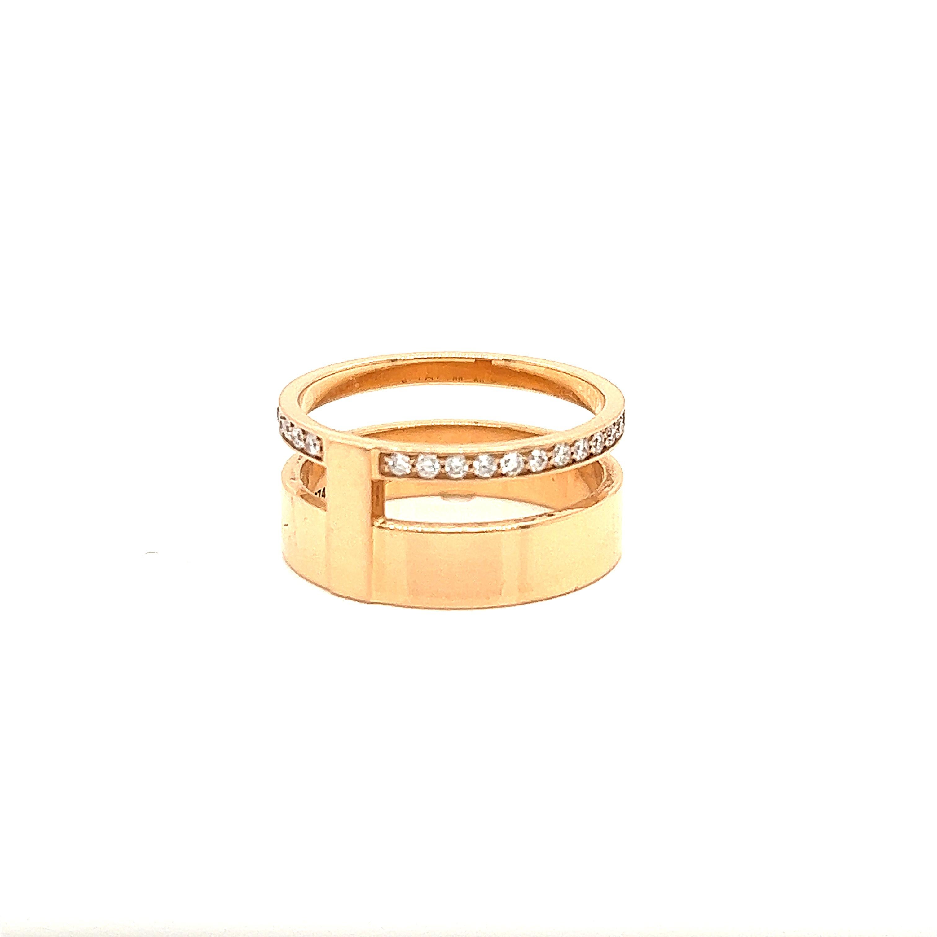 The Repossi Berbere ring features the repetition of a minimalist gold line to be worn as a second skin. A timeless shape refined by an elegant hem of diamonds. The ring shows two rows of rose gold one set with diamonds. Thirty eight diamonds are set