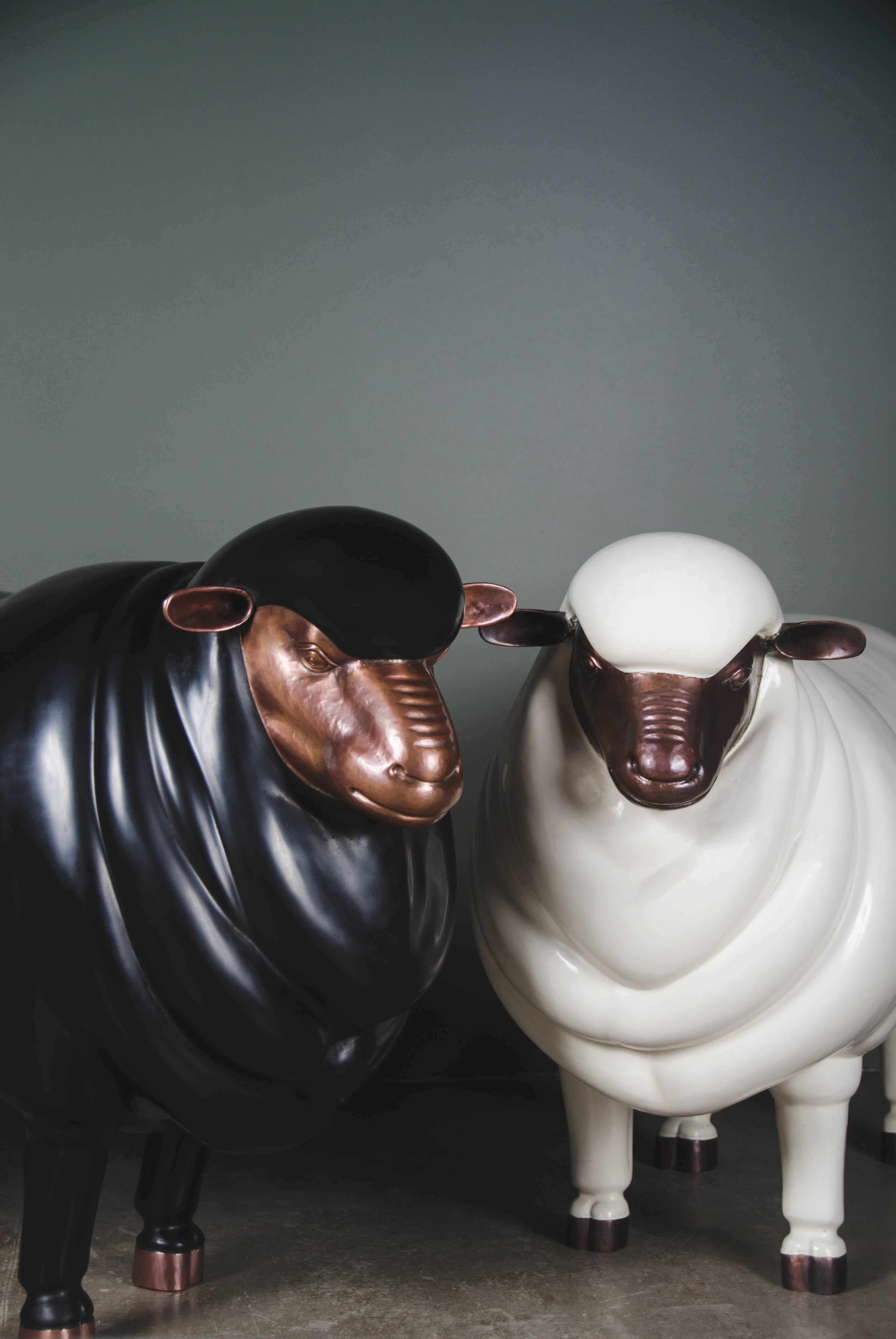 Post-Modern Repoussé Black Lacquer Sheep Sculpture by Robert Kuo, Limited Edition For Sale
