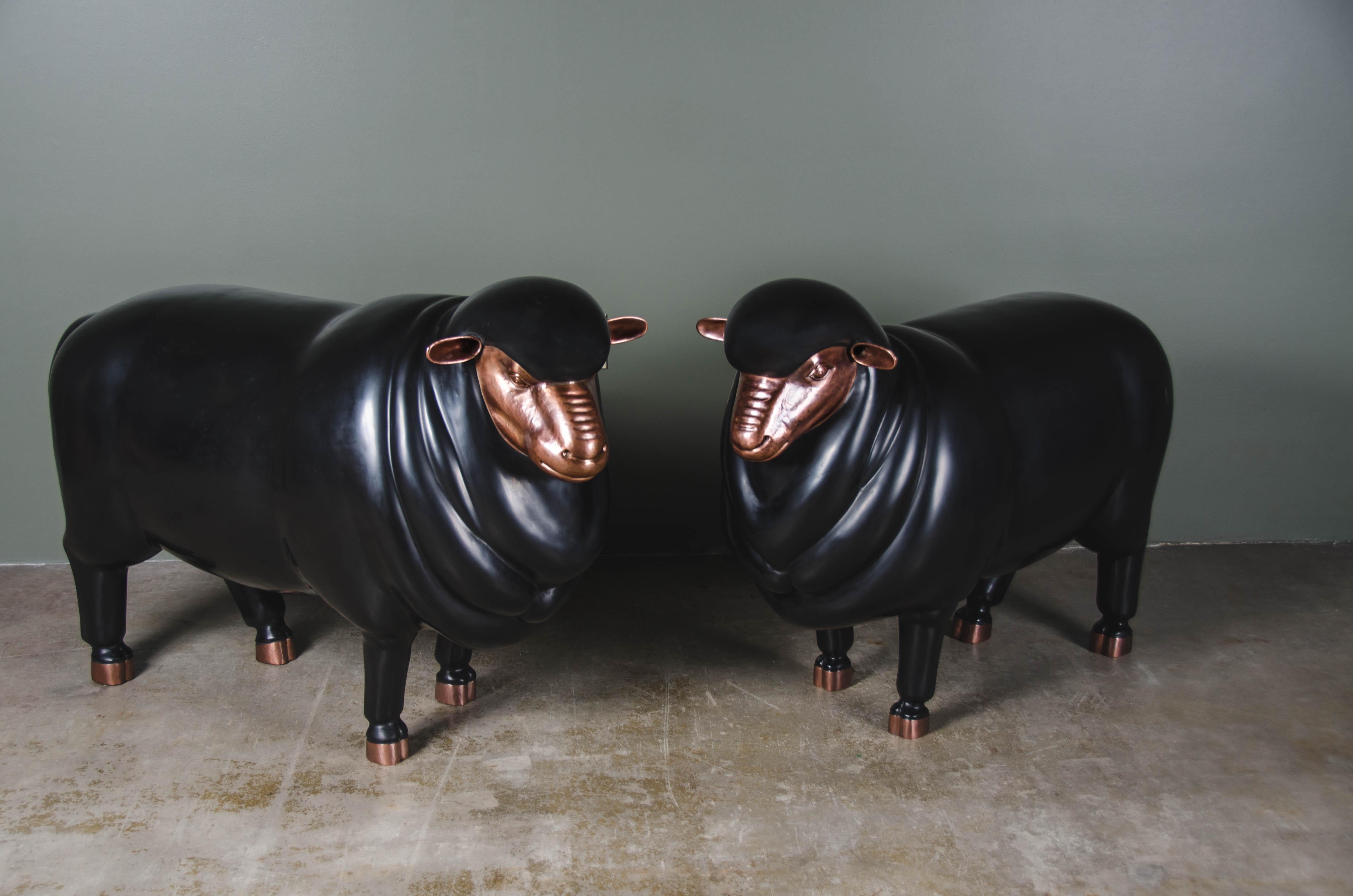 Contemporary Repoussé Black Lacquer Sheep Sculpture by Robert Kuo, Limited Edition For Sale