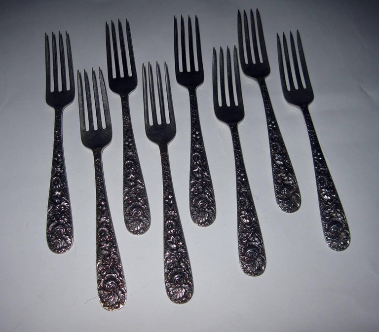 Early Victorian Repousse by Kirk Sterling Silver Flatware 40-Piece Dinner Service for Eight