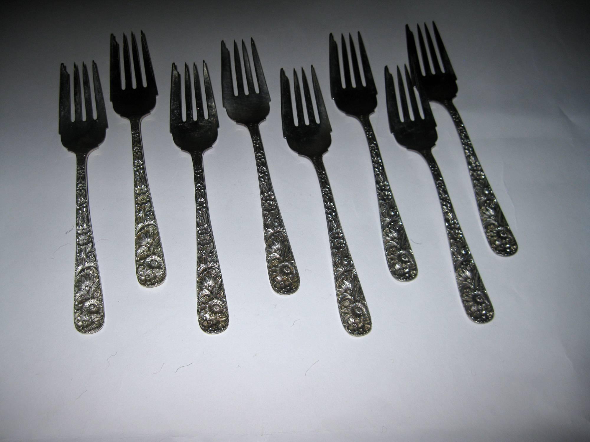 Early Victorian Repousse by Kirk Sterling Silver Flatware 40-Piece Dinner Service for Eight