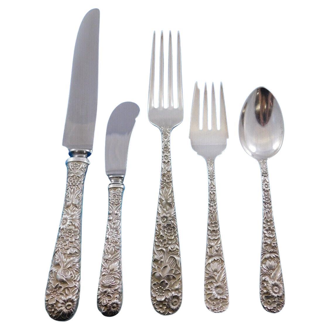 Repousse by Kirk Sterling Silver Flatware Service for 8 Set 53 Pcs Dinner For Sale