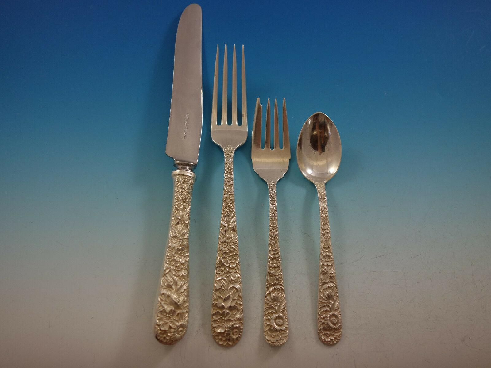 Repousse by Kirk Sterling Silver Flatware Set for 12 Service 134 Pieces Dinner In Excellent Condition For Sale In Big Bend, WI