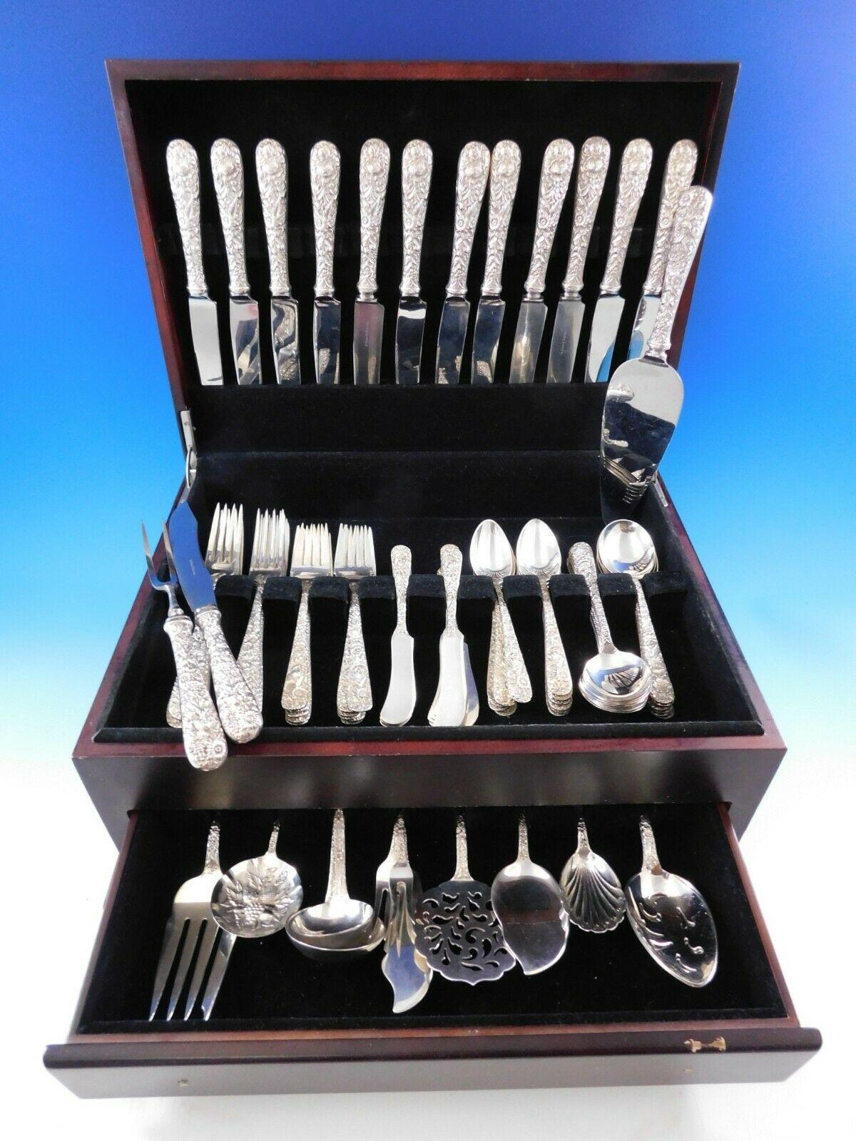 Gorgeous Repousse by Kirk sterling silver flatware set, 87 pieces. This set includes:

12 knives, 9