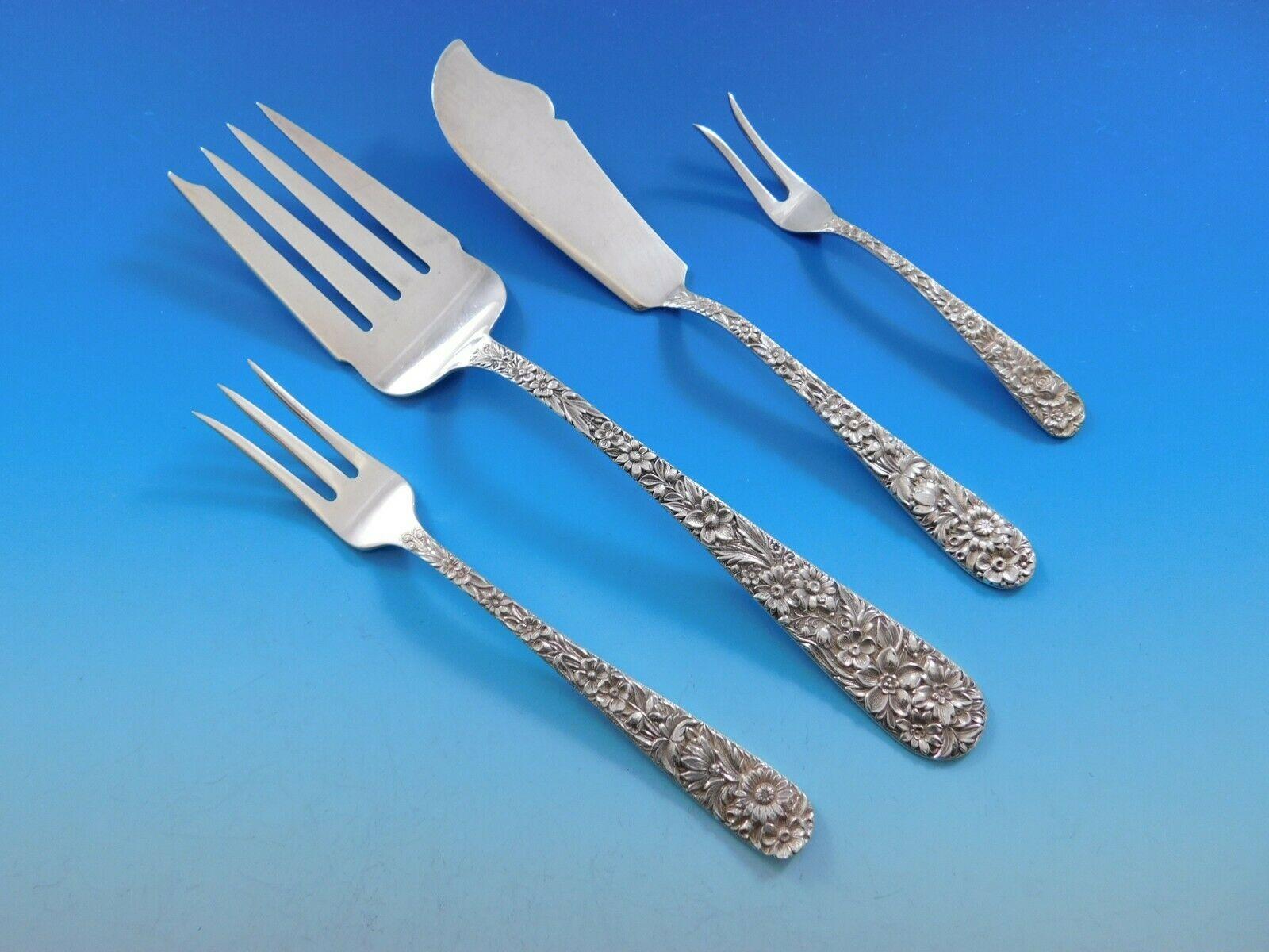 Repousse by Kirk Sterling Silver Flatware Set for 12 Service, 87 Pieces In Excellent Condition In Big Bend, WI