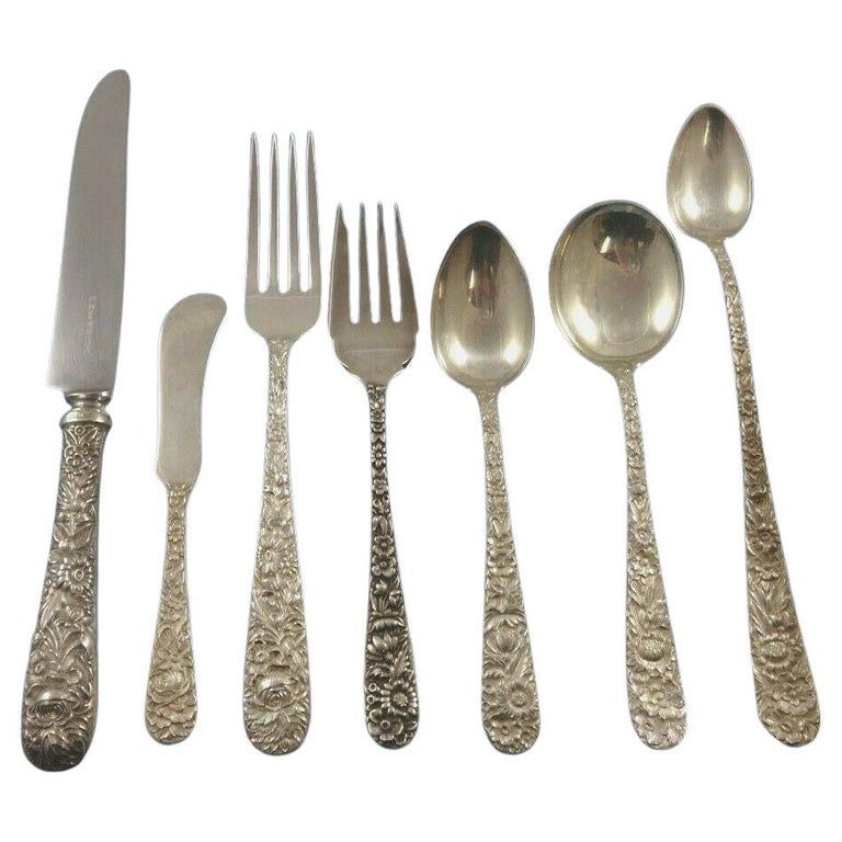 Repousse by Kirk Sterling Silver Flatware Set for 8 Service 66 Pieces For Sale