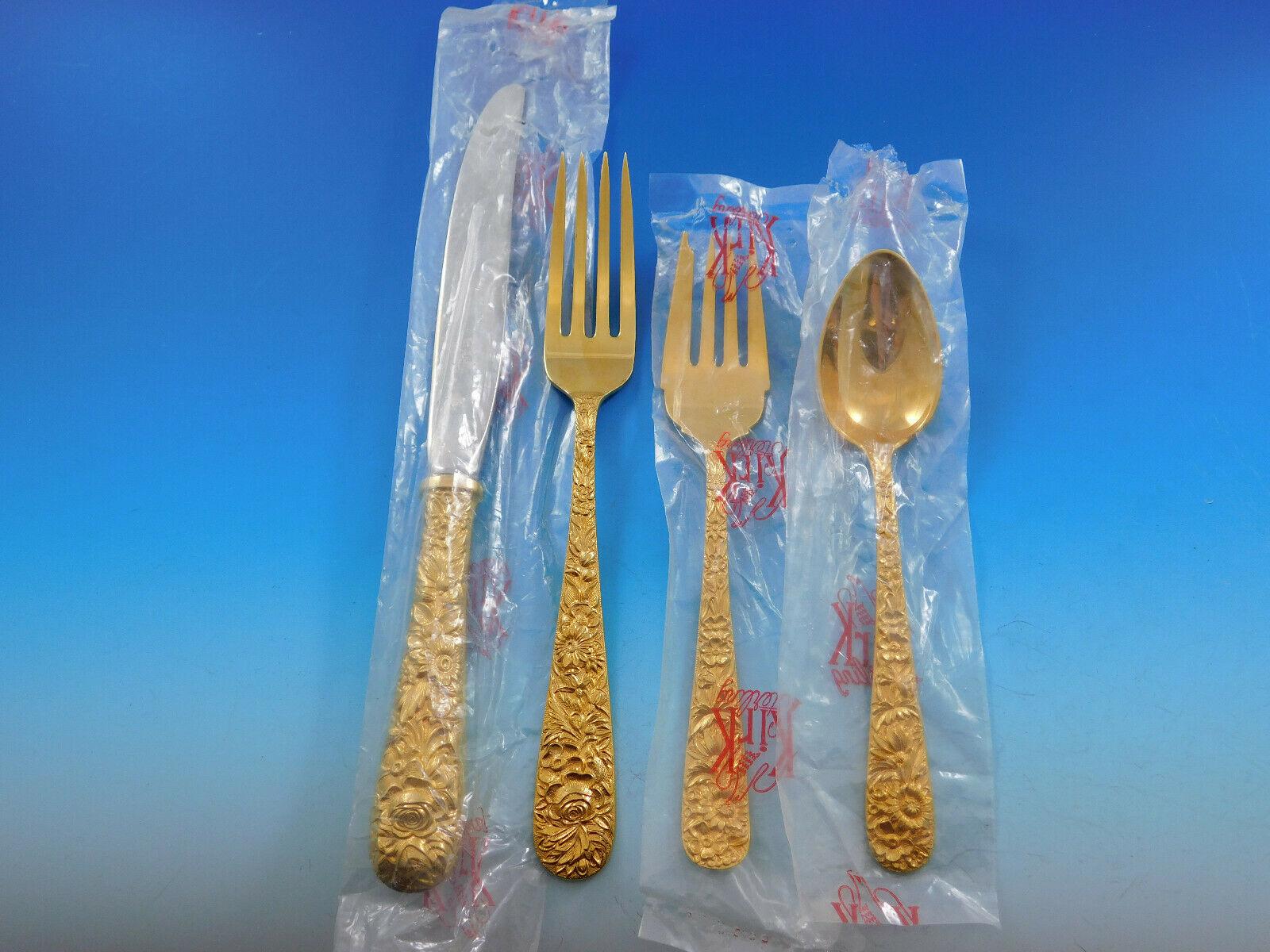 Repousse by Kirk Sterling Silver Flatware Set for 8 Service 71 Pcs Vermeil New In Excellent Condition In Big Bend, WI