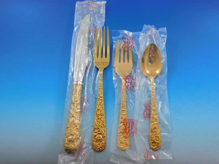 Repousse by Kirk Sterling Silver Flatware Set for 8 Service 71 Pcs Vermeil New In Excellent Condition For Sale In Big Bend, WI