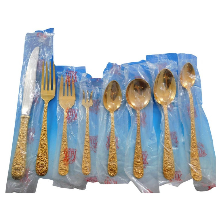 Repousse by Kirk Sterling Silver Flatware Set for 8 Service 71 Pcs Vermeil New For Sale