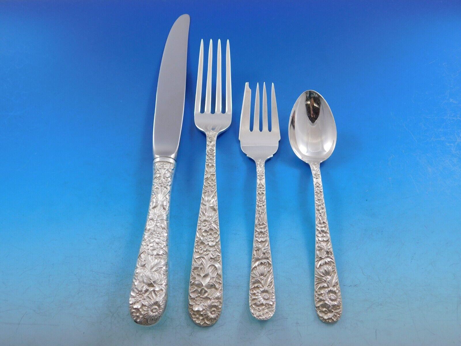 Repousse by Kirk Sterling Silver Flatware Set Service 106 Pieces Dinner In Excellent Condition For Sale In Big Bend, WI