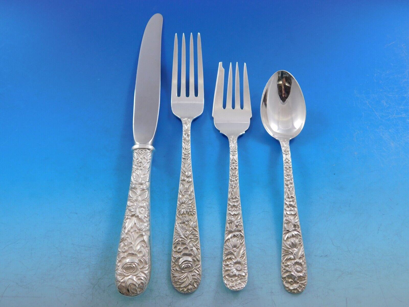 19th Century Repousse by Kirk Sterling Silver Flatware Set Service 106 Pieces Dinner For Sale