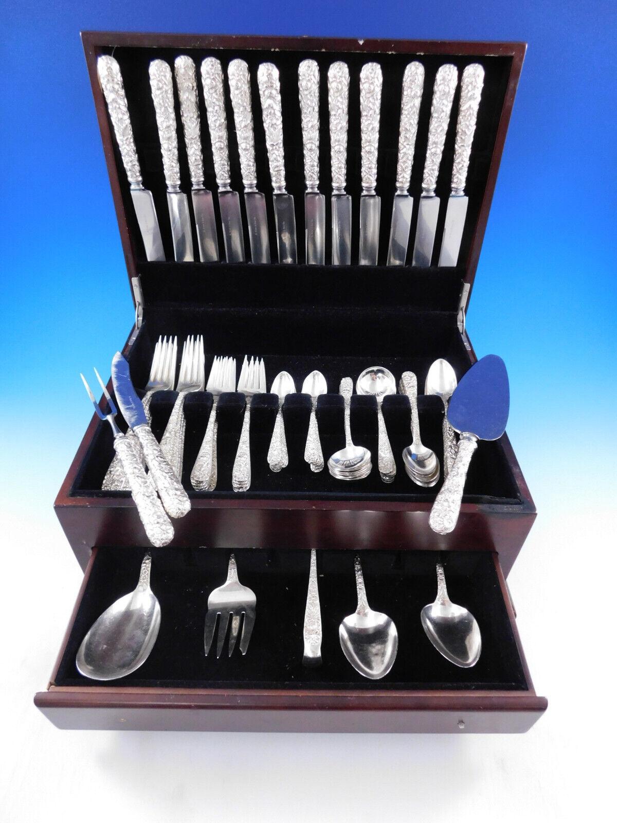 Repousse by Kirk Sterling Silver Flatware Set Service 80 pcs Dinner Old Early For Sale 6