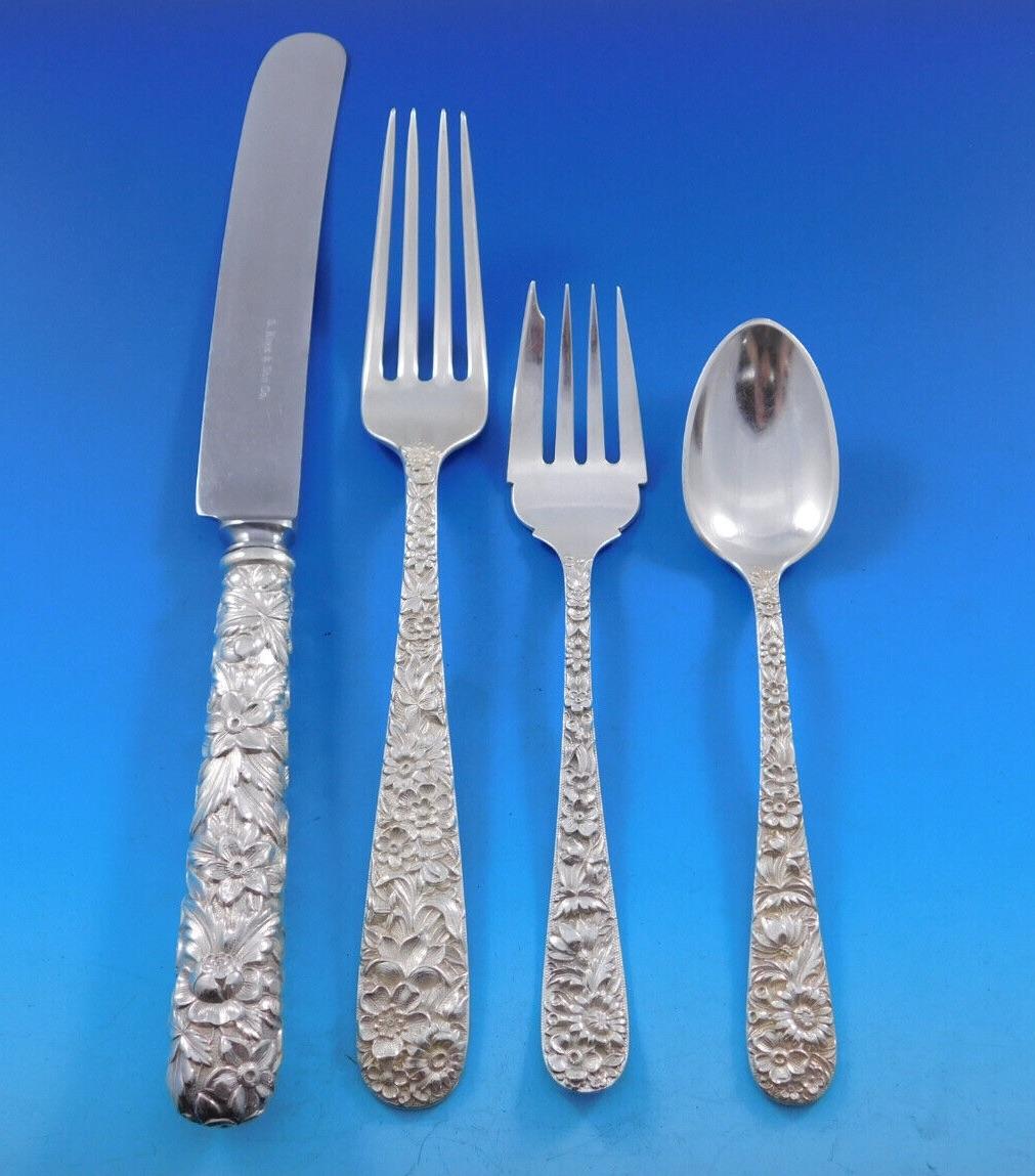 Repousse by Kirk Sterling Silver Flatware Set Service 80 pcs Dinner Old Early In Excellent Condition For Sale In Big Bend, WI