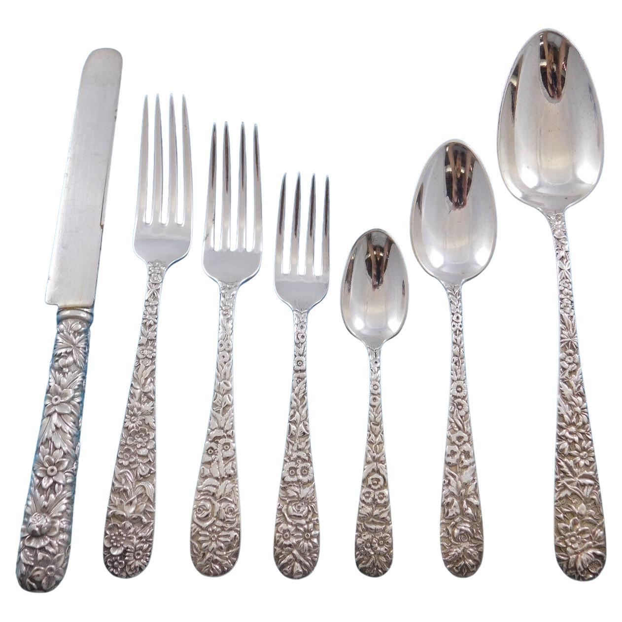Repousse by Kirk Sterling Silver Flatware Set Service 84 Pieces Dinner Early