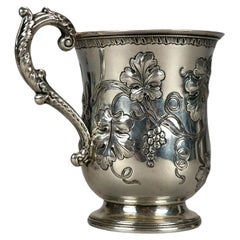 Antique Repousse & Chased Continental Silver Plate Grape & Leaf Libation Chalice, 19th C