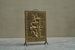Repoussé Fire Screen in Patinated Brass with Galleon Early 20th Century