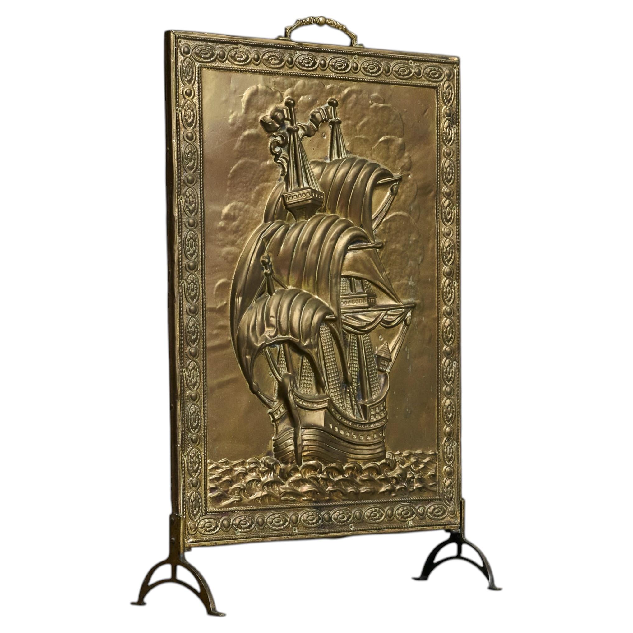Repoussé Fire Screen in Patinated Brass with Galleon Early 20th Century
