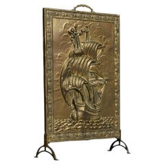 Repoussé Fire Screen in Patinated Brass with Galleon Early 20th Century