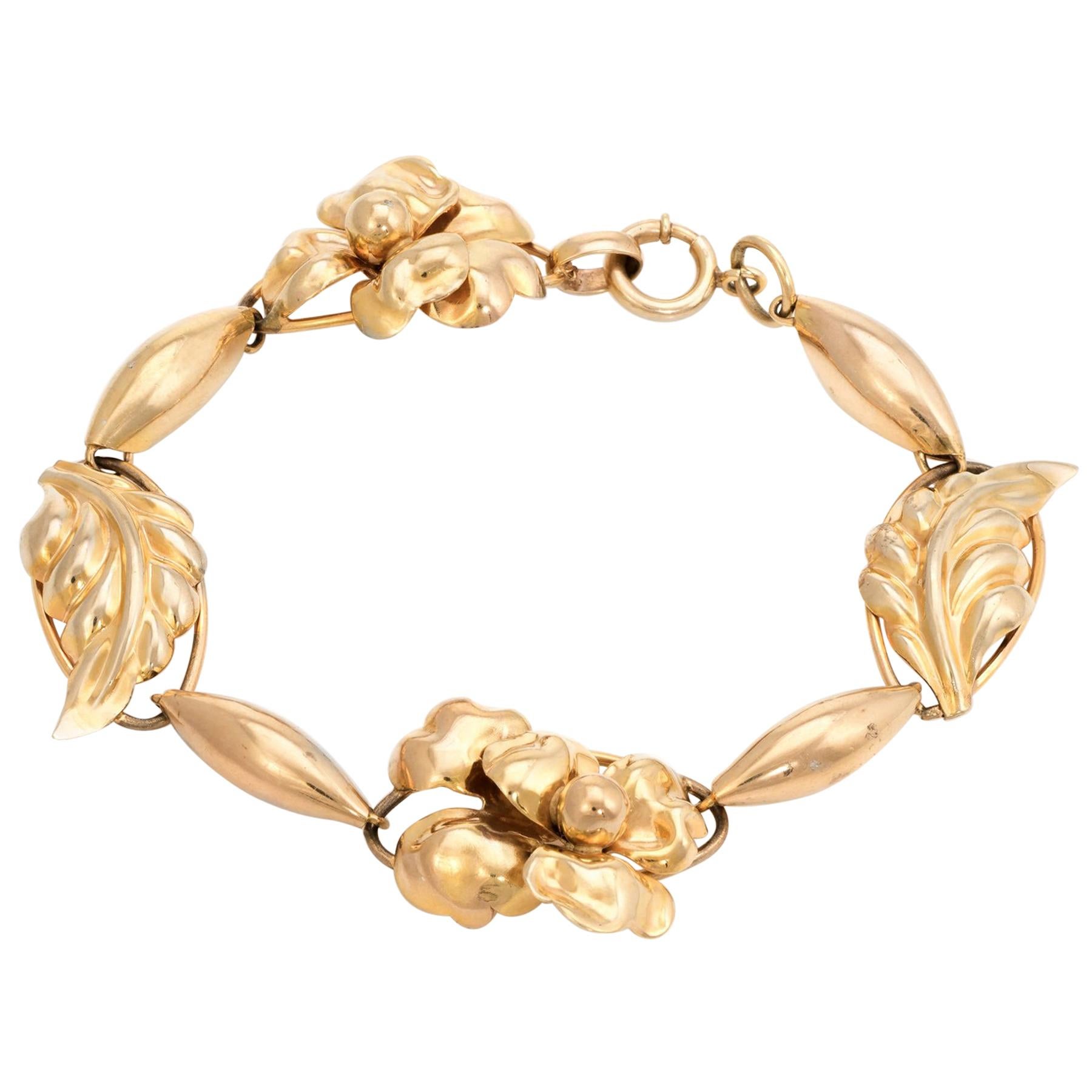 Repousse Flower Leaf Bracelet Vintage 10 Karat Yellow Gold Estate Fine Jewelry