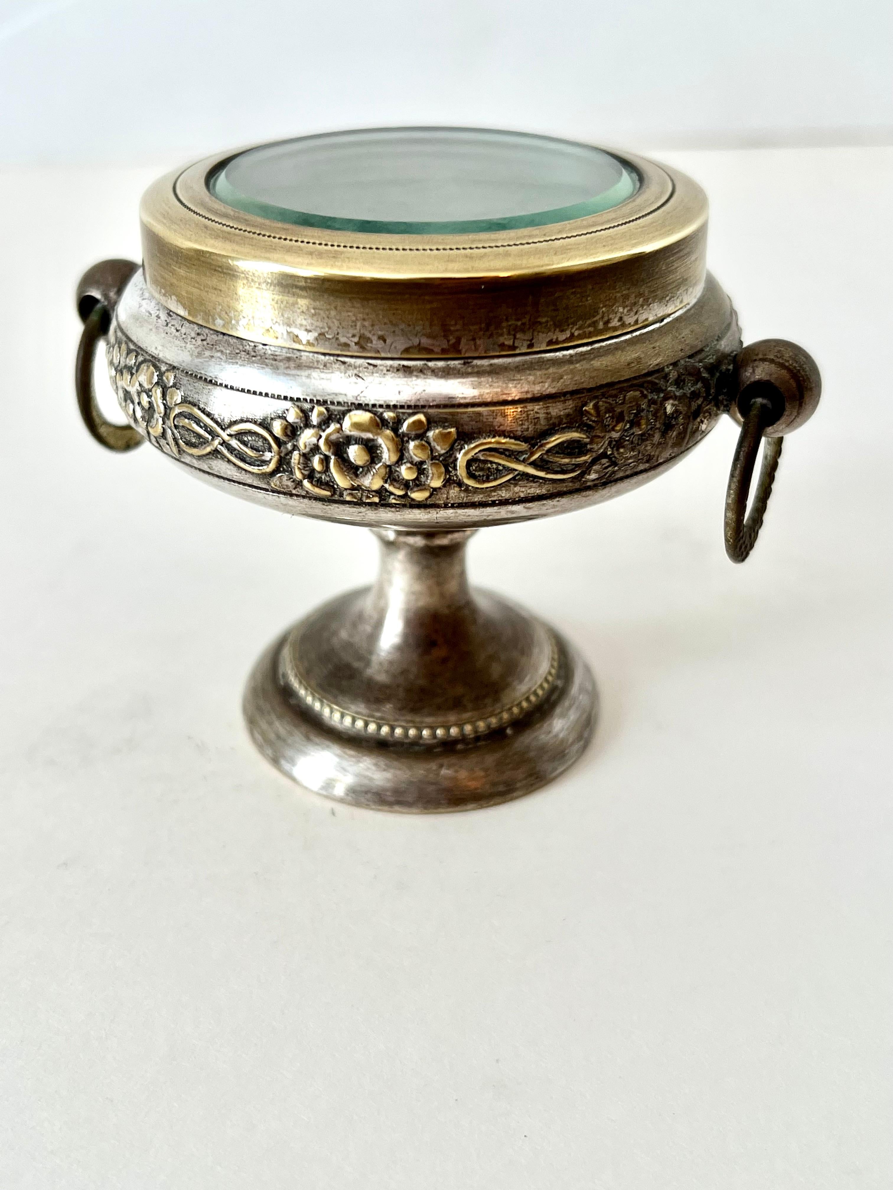 20th Century Repoussé Pedestal Casket Box of Brass and Metal with Glass Lid For Sale