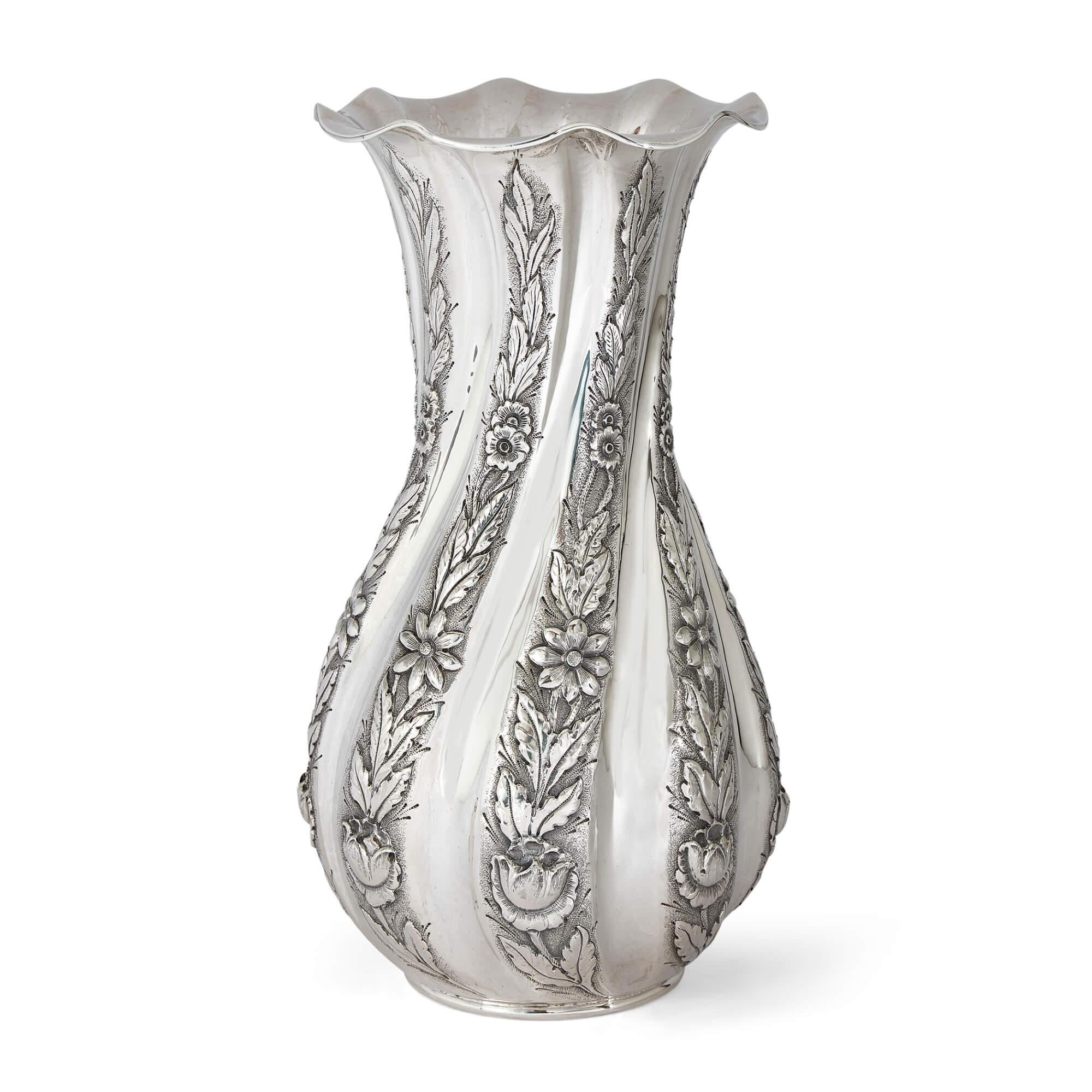20th Century Repousse Peruvian Silver Bouquet Vase  For Sale
