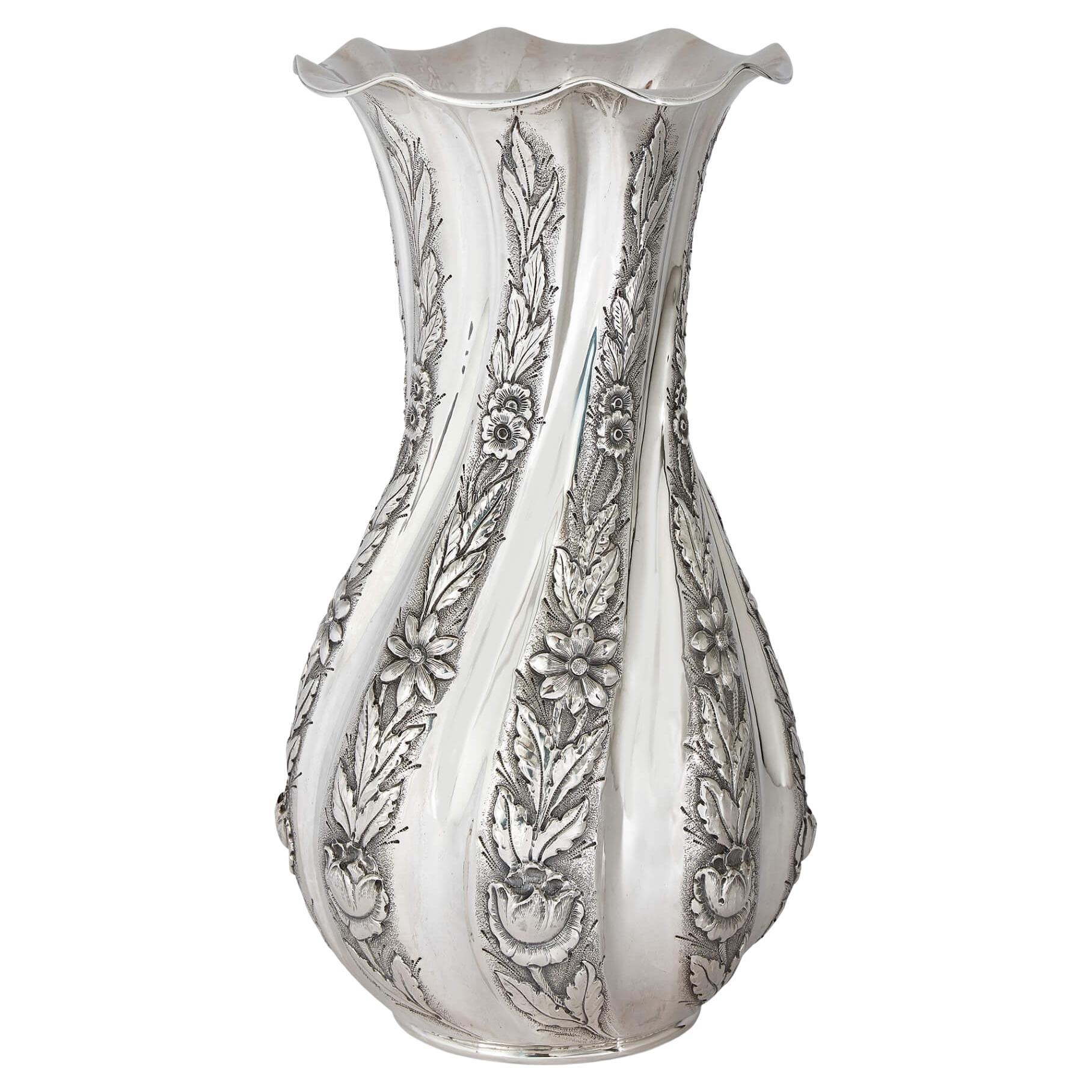 Repousse Peruvian Silver Bouquet Vase  For Sale