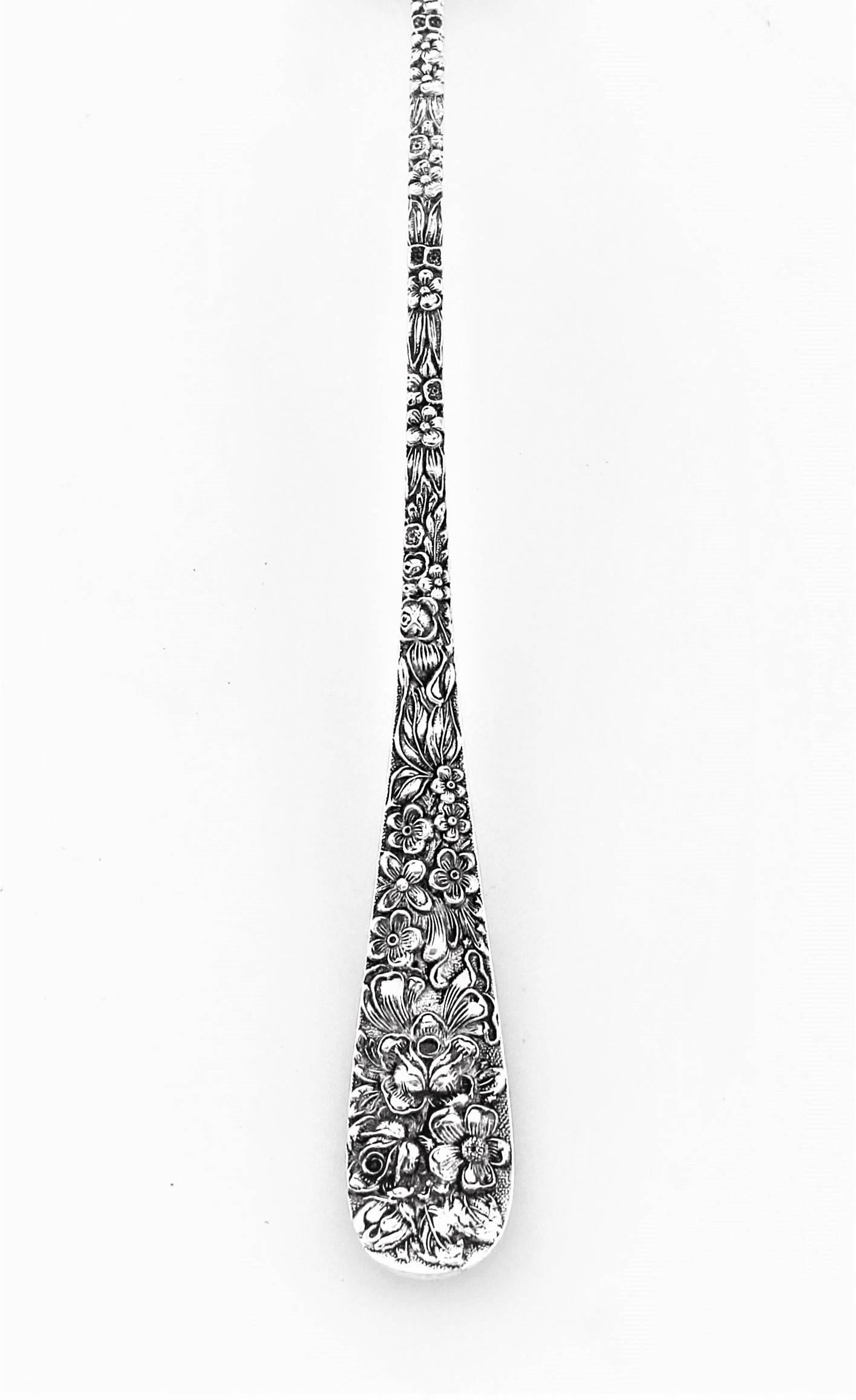 Repousse with its blown out flowers and leaves and its three dimensional texture. Many have tried to imitate its beauty but none have been able to get it right. They call this a lettuce fork, but it can be used to serve anything.
 