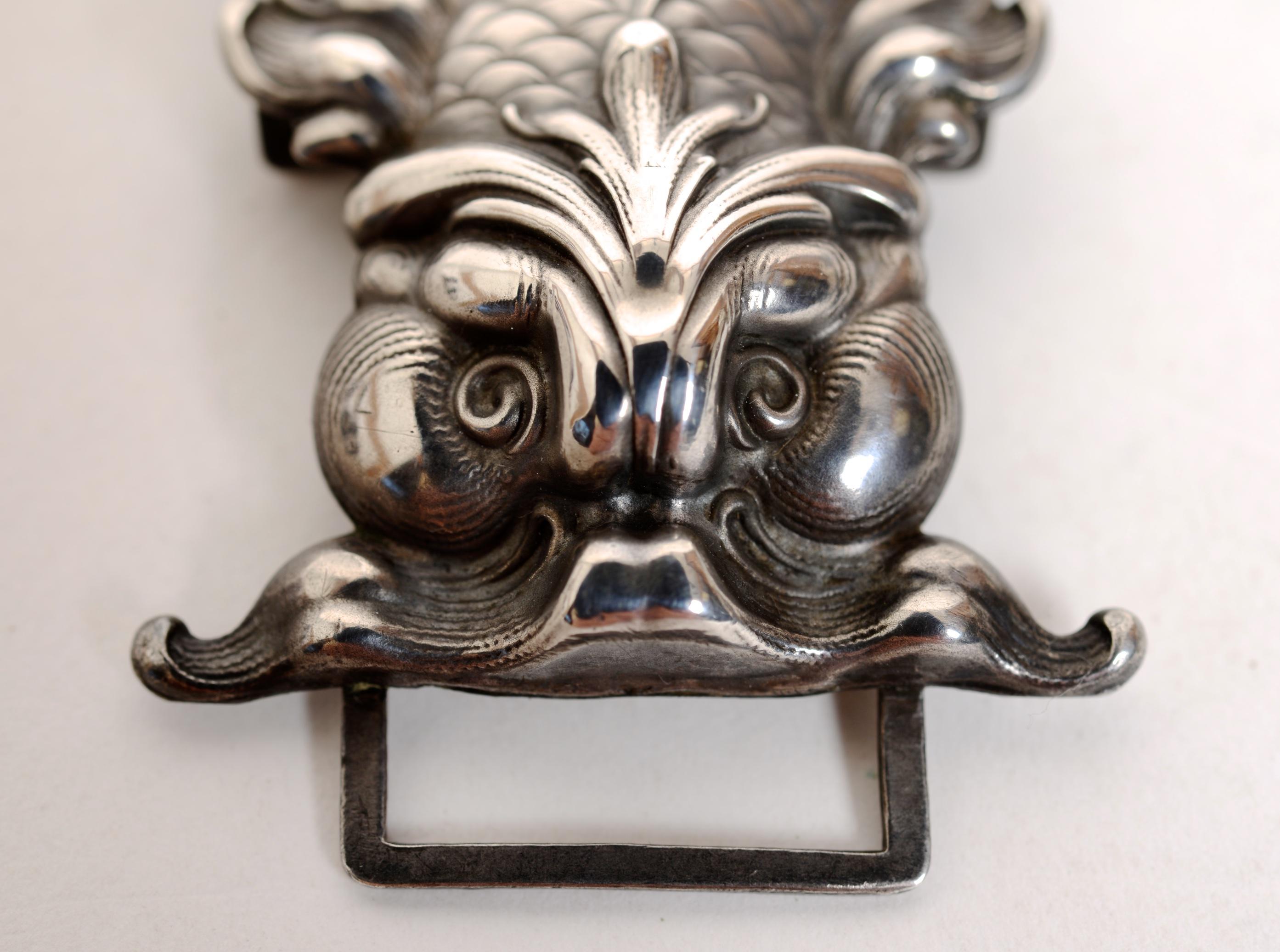 Repoussé Sterling Silver Belt Buckle of Baroque Dolphins, by William Kerr c1890 In Excellent Condition In valatie, NY