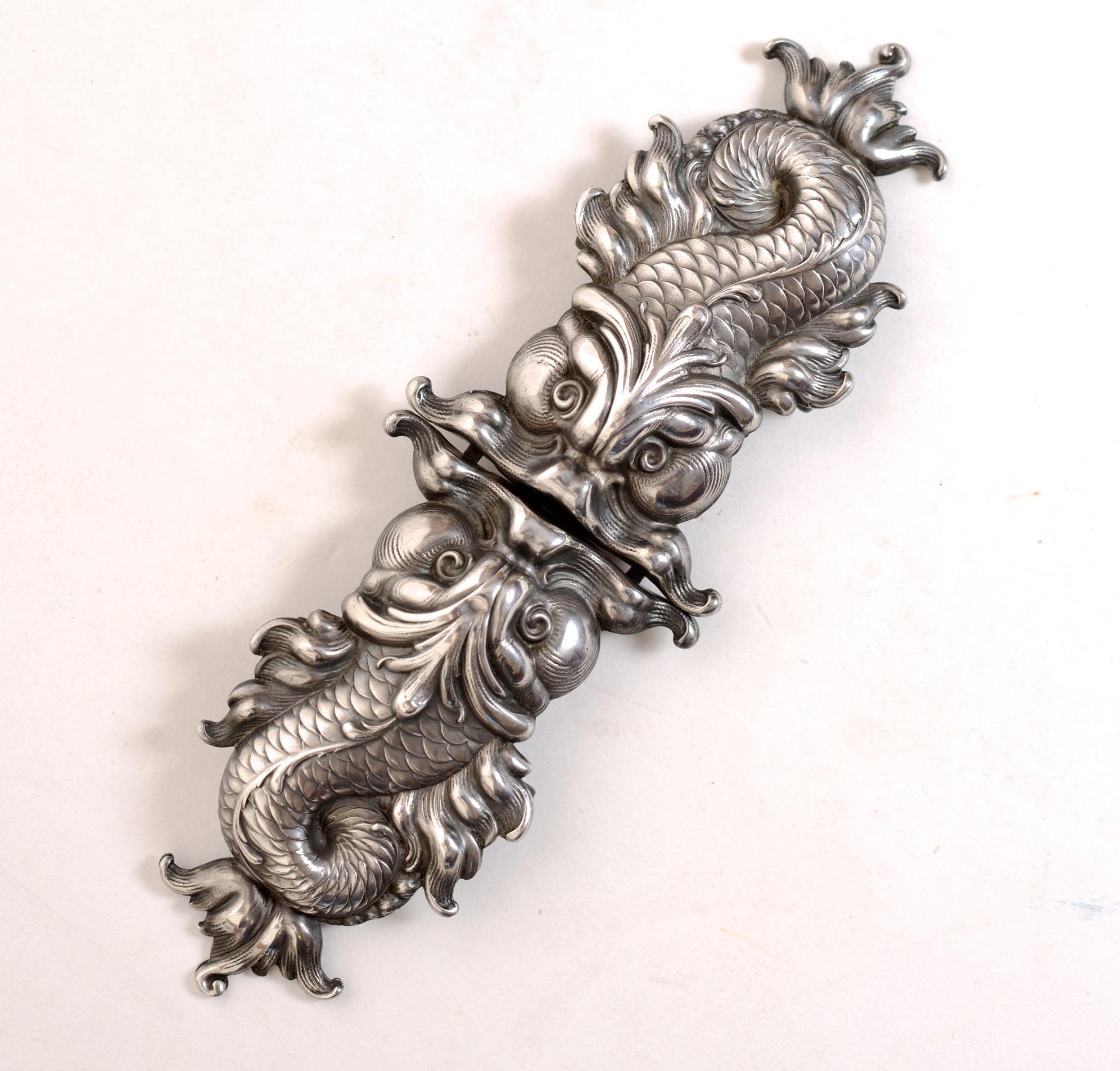 Repoussé Sterling Silver Belt Buckle of Baroque Dolphins, by William Kerr c1890 2