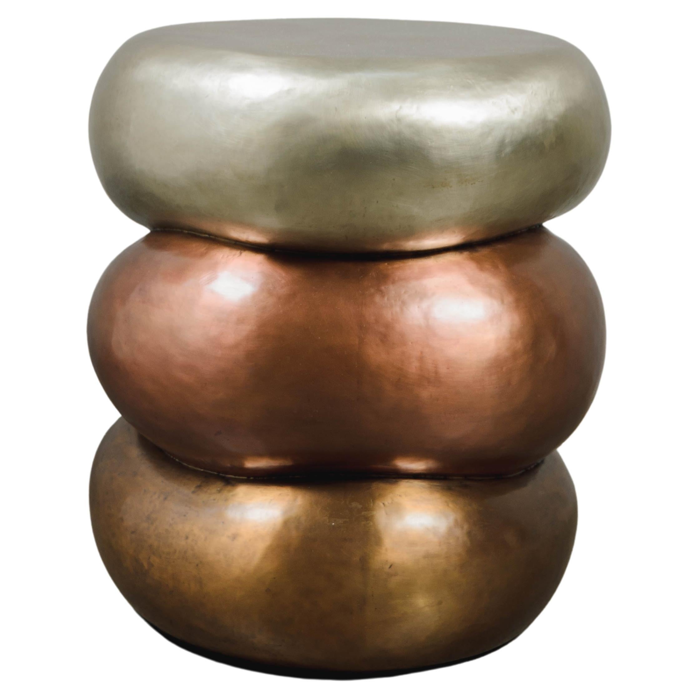 Repousse Triple Stack Drumstool in White Bronze, Copper and Brass by Robert Kuo For Sale