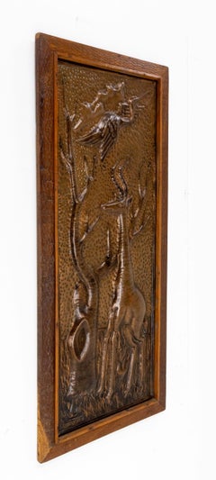 Representation of an African Giraffe Embossed Copper and Iroko Frame