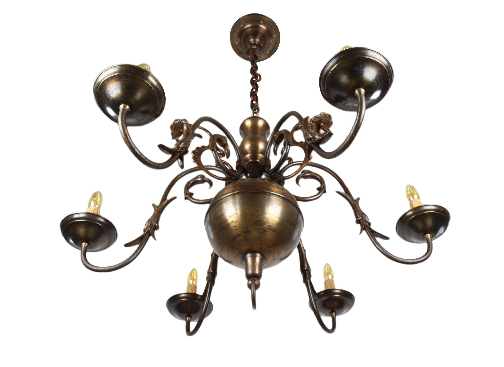 Art Nouveau Representative Brass Flemish Chandelier For Sale