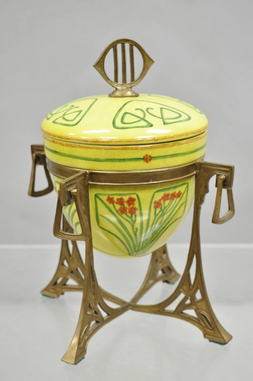 Reproduction Art Nouveau Yellow Porcelain Lidded Serving Dish Sugar Bowl Tureen on Stand after WMF with Bronze Ormolu. Circa Late 20th Century. Measurements: 11