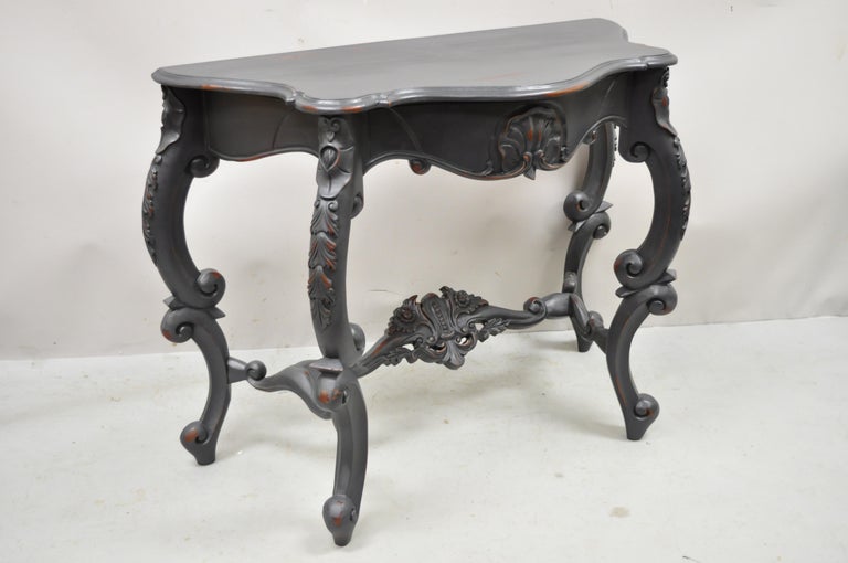 Reproduction Antique French Rococo Charcoal Distress Painted Console Hall Table For Sale 5