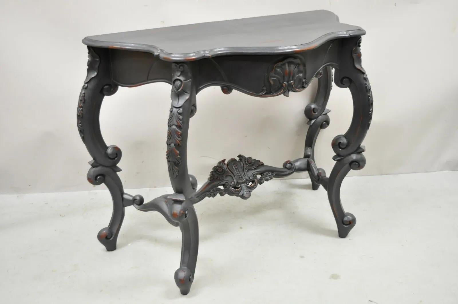 Reproduction Antique French Rococo Charcoal Distress Painted Console Hall Table For Sale 6