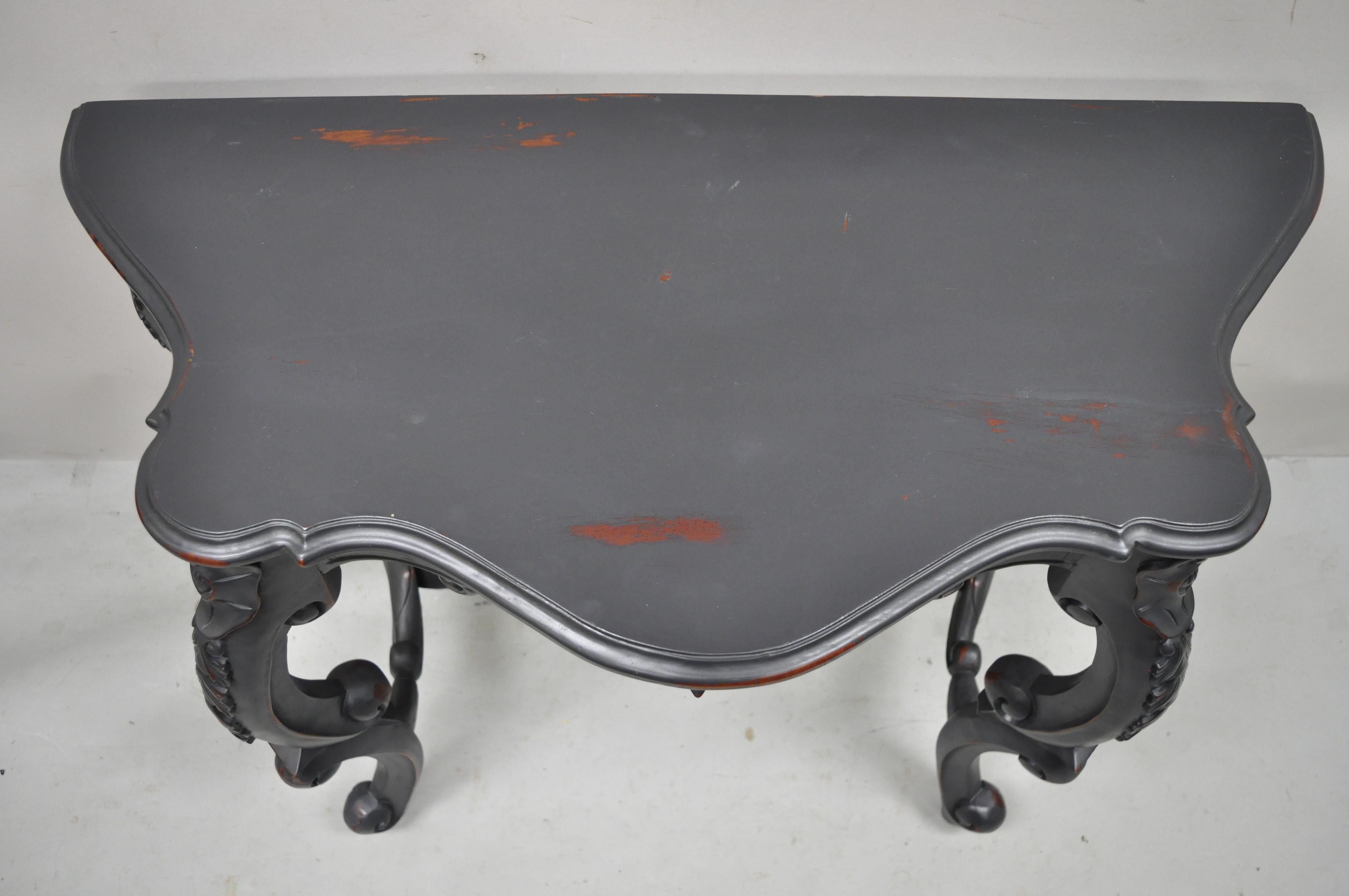 Reproduction Antique French Rococo Charcoal Distress Painted Console Hall Table In Good Condition For Sale In Philadelphia, PA