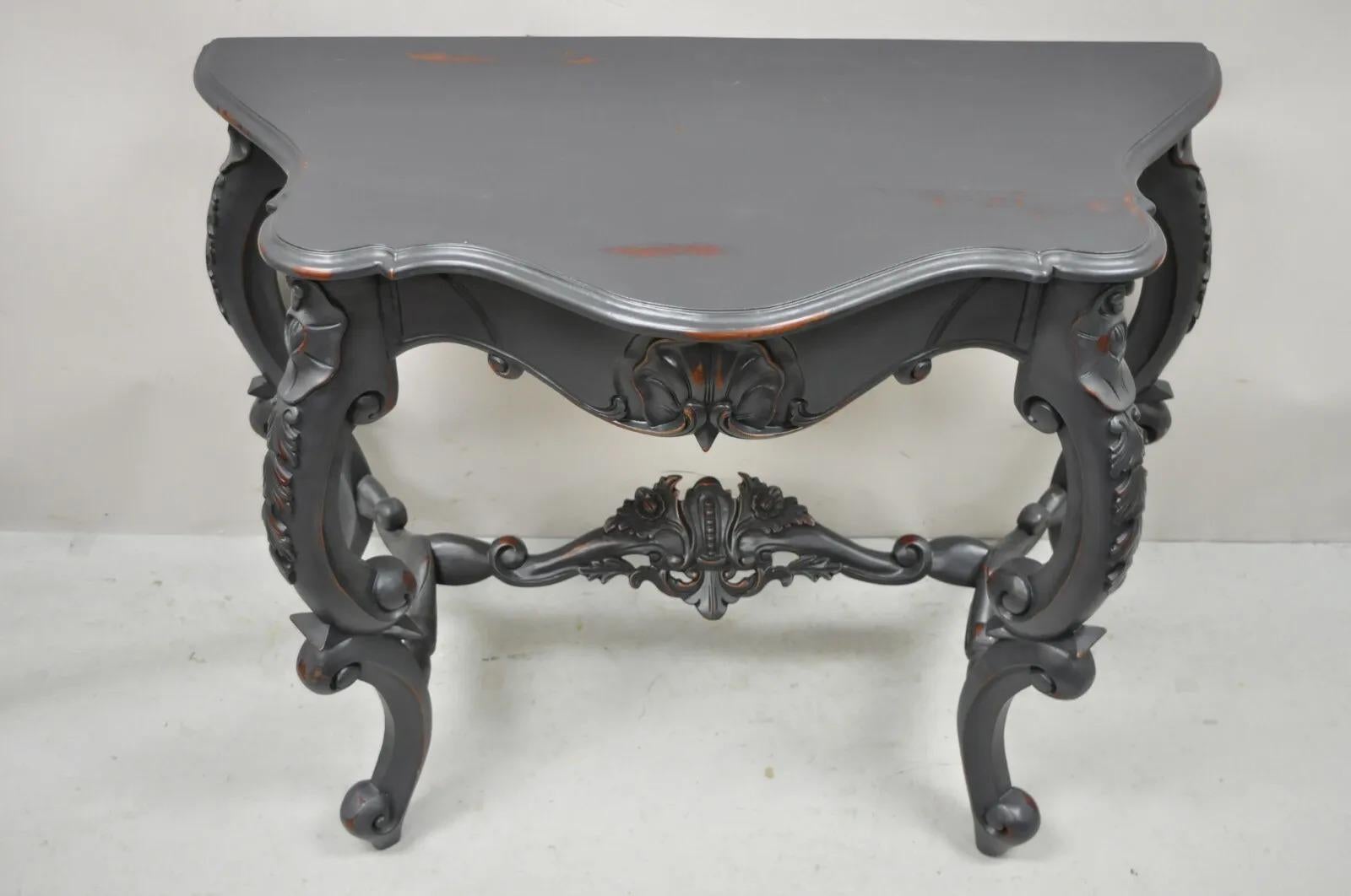 Reproduction Antique French Rococo Charcoal Distress Painted Console Hall Table In Good Condition For Sale In Philadelphia, PA