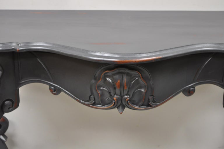 Contemporary Reproduction Antique French Rococo Charcoal Distress Painted Console Hall Table For Sale