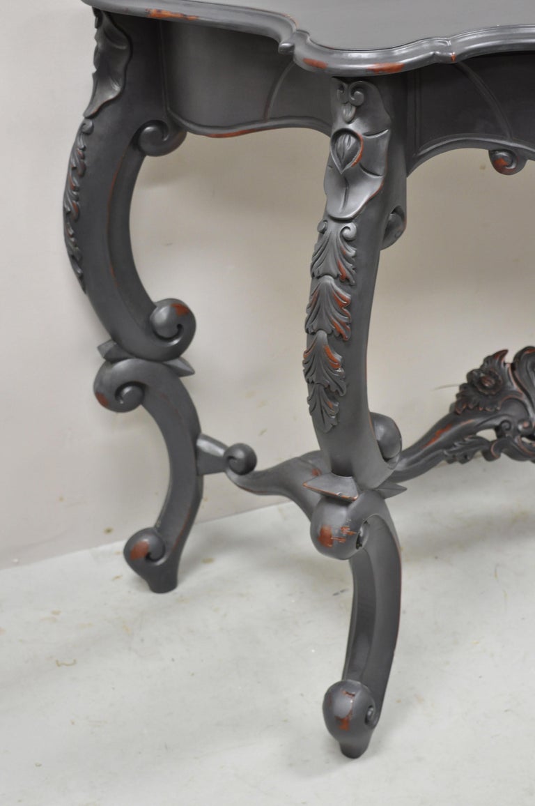 Wood Reproduction Antique French Rococo Charcoal Distress Painted Console Hall Table For Sale