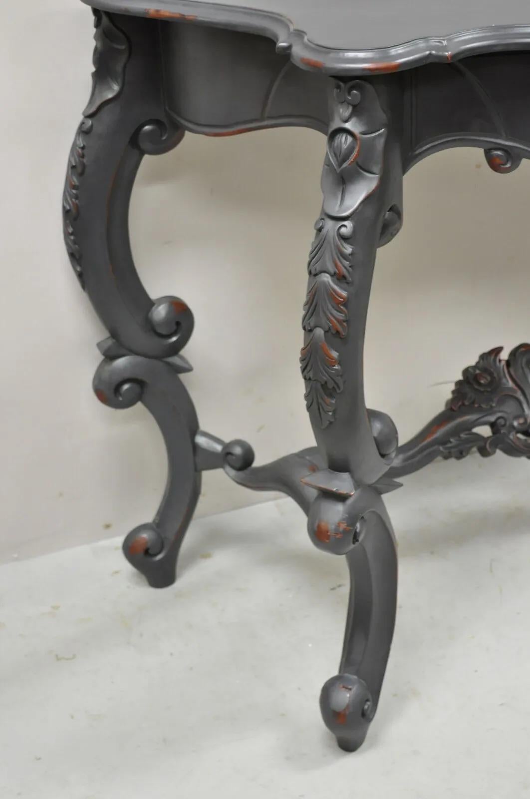 Reproduction Antique French Rococo Charcoal Distress Painted Console Hall Table For Sale 1