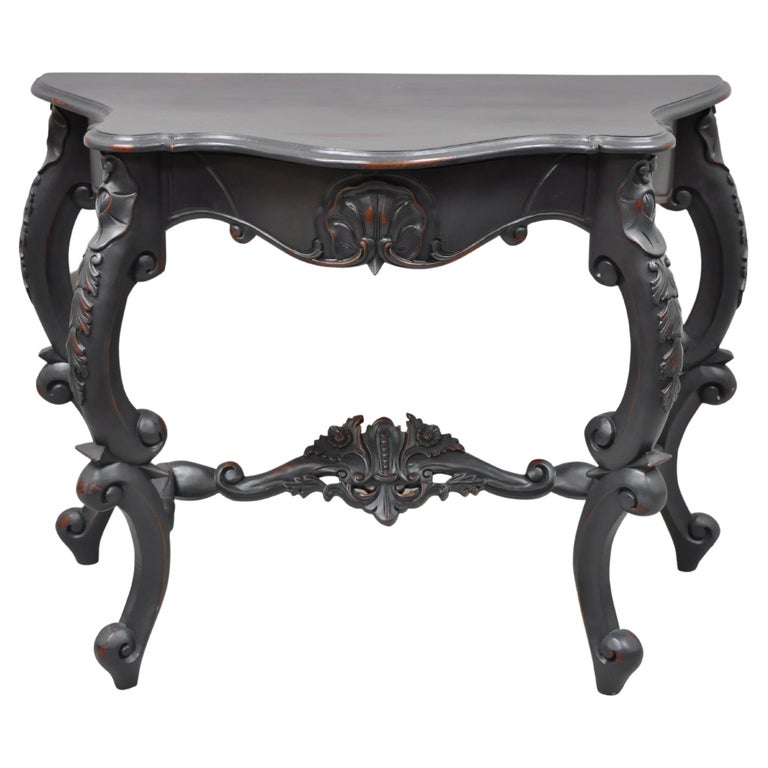 Reproduction Antique French Rococo Charcoal Distress Painted Console Hall Table For Sale